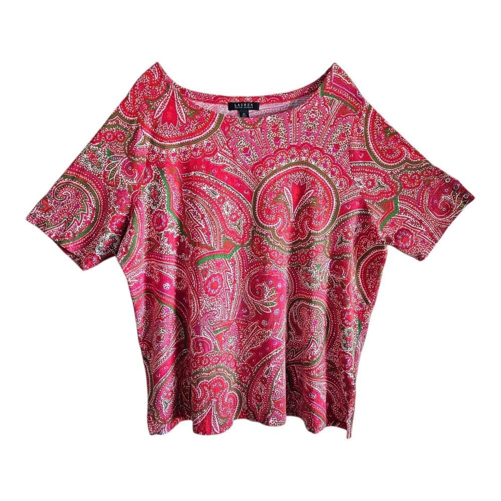 LAUREN RALPH LAUREN Women's Plus 3X Top Paisley Short Sleeve Cotton Blend 48"